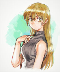 Rule 34 | 1girl, 203wolves, alternate costume, bare arms, blonde hair, brown eyes, closed mouth, cropped torso, from side, grey sweater, hair between eyes, long hair, looking at viewer, neck ribbon, orange ribbon, ribbed sweater, ribbon, sleeveless, sleeveless sweater, solo, straight hair, sweater, tenjouin asuka, upper body, very long hair, white background, yu-gi-oh!, yu-gi-oh! gx