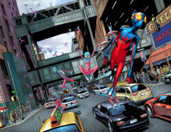 Rule 34 | 6+boys, 6+girls, bailey briggs, bodysuit, car, child, cityscape, cloud, cloudy sky, commentary, english commentary, highres, humberto ramos, lamppost, male focus, marvel, motor vehicle, multiple boys, multiple girls, official art, road, second-party source, skin tight, sky, solo focus, spider-boy (spider-man), spider-man (series), superhero costume, taxi, trash can, tree, western comics (style)