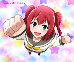 Rule 34 | 1girl, aqua eyes, artist name, artist request, bare legs, black footwear, black legwear, blush, bow, bowtie, breasts, clenched hands, collarbone, female focus, fist pump, full body, green eyes, grey skirt, hair between eyes, highres, incoming attack, incoming punch, kurosawa ruby, long sleeves, looking at viewer, love live!, love live! sunshine!!, miniskirt, orange bow, parted lips, plaid, plaid skirt, pleated, pleated skirt, punching, red hair, sailor collar, school uniform, shirt, shoes, short hair, skirt, small breasts, smile, solo, standing, star (symbol), two side up, uranohoshi school uniform, white shirt