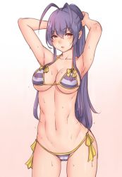 Rule 34 | 1girl, adjusting hair, antenna hair, arm behind head, arm up, armpits, bikini, blazblue, blazblue remix heart, blazblue variable heart, blue hair, bluefield, blush, bow, breasts, cleavage, collarbone, covered erect nipples, cowboy shot, genderswap, genderswap (mtf), gluteal fold, gradient background, groin, hair between eyes, hair bow, highres, long hair, mai natsume, medium breasts, navel, open mouth, ponytail, pulled by self, red eyes, revision, side-tie bikini bottom, sidelocks, simple background, solo, stomach, string bikini, striped bikini, striped clothes, sweat, swimsuit, thigh gap, thighs, underboob, very long hair, wet, wet clothes, wet hair, wet swimsuit, yellow bow