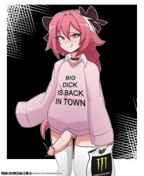 Rule 34 | 1boy, artist name, astolfo (fate), astolfo monster cosplay (meme), bag, black bow, black choker, blush, border, bottomless, bow, choker, clothes writing, collared shirt, commentary, dankodeadzone, english commentary, english text, erection, fang, fate (series), hair between eyes, hair bow, hair intakes, hair ribbon, highres, holding, holding bag, layered clothes, long hair, long sleeves, looking at viewer, male focus, meme, meme attire, monster energy, multicolored hair, naughty face, outline, outside border, patreon logo, patreon username, penis, pink eyes, pink hair, pink shirt, product placement, ribbon, shirt, shopping bag, sleeves past fingers, sleeves past wrists, smile, solo, split mouth, standing, streaked hair, testicles, thighhighs, tongue, tongue out, trap, uncensored, underwear, veins, veiny penis, very long hair, watermark, web address, white border, white shirt, white thighhighs