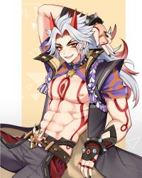 Rule 34 | abs, arataki itto, arm behind head, belt, belt buckle, black nails, body markings, bracelet, buckle, collar, cowboy shot, earrings, facial mark, fang, fingernails, forked eyebrows, genshin impact, gloves, grey hair, grey pants, grey vest, hair slicked back, high collar, highres, horns, jewelry, jirafuru, long fingernails, long hair, looking at viewer, lower teeth only, male focus, multicolored hair, muscular, muscular male, nail polish, nipple piercing, oni, oni horns, open collar, open mouth, pale skin, pants, parted bangs, partially fingerless gloves, pectorals, pendant choker, piercing, pillarboxed, red eyes, red hair, sharp fingernails, solo, spiked bracelet, spiked collar, spikes, streaked hair, tattoo, teeth, upper teeth only, v, vest, yellow background