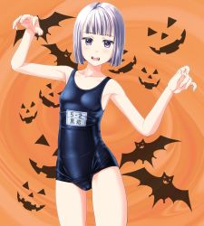 Rule 34 | 1girl, absurdres, bat (animal), blue one-piece swimsuit, blunt bangs, breasts, cameltoe, commentary request, cowboy shot, curled fingers, fangs, halloween, highres, looking at viewer, name tag, old school swimsuit, one-piece swimsuit, orange background, original, purple eyes, school swimsuit, short hair, silver hair, small breasts, solo, standing, swimsuit, takafumi, vampire
