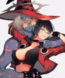 Rule 34 | 1boy, 1girl, black hair, blue skin, choker, colored skin, spiked halo, green-tinted eyewear, guilty gear, guilty gear strive, halo, happy chaos, hat, highres, i-no, jacket, looking at viewer, oro (sumakaita), red headwear, red jacket, short hair, smirk, sunglasses, tinted eyewear, venus symbol, very short hair, witch hat
