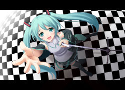 Rule 34 | 1girl, :d, aqua eyes, aqua hair, boots, detached sleeves, foreshortening, from above, hatsune miku, kazami fukashido, letterboxed, long hair, microphone, open mouth, outstretched arm, outstretched hand, reaching, smile, solo, tears, thigh boots, thighhighs, twintails, vocaloid