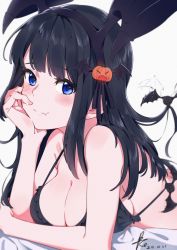 Rule 34 | 1girl, absurdres, bare arms, bikini, black bikini, black hair, black hairband, blue eyes, blush, breasts, cleavage, closed mouth, commentary request, dated, fang, hair ornament, hairband, hand on own chin, highres, jack-o&#039;-lantern, jack-o&#039;-lantern hair ornament, large breasts, long hair, looking at viewer, lying, on stomach, original, ppchen, signature, simple background, skin fang, smile, solo, swimsuit, upper body, white background, wing hair ornament