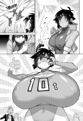 Rule 34 | 10-ton, 1girl, absurdres, boku no hero academia, breast expansion, breasts, casual, comic, determined, gigantic breasts, henshin, highres, horie ryuu, leotard, mask, serious, short hair