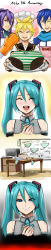 Rule 34 | :&gt;, absurdres, aqua eyes, aqua hair, aqua nails, blonde hair, blue hair, bowl, cake, chef hat, closed eyes, clothes writing, comic, detached sleeves, empty eyes, false smile, flour, food, hair ornament, hands on own chest, happy birthday, hat, hatsune miku, highres, kagamine len, kaito (vocaloid), kamui gakupo, long hair, long image, microwave, mittens, nail polish, necktie, open mouth, otosama, panties, purple eyes, purple hair, rolling pin, smile, striped clothes, striped panties, table, tall image, translation request, tray, twintails, underwear, vocaloid