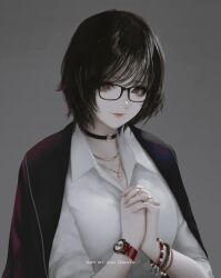 Rule 34 | 1girl, aoi ogata, artist name, black-framed eyewear, black choker, black eyes, black hair, black jacket, bracelet, choker, clip studio paint (medium), closed mouth, collared shirt, commentary, commission, dress shirt, english commentary, glasses, grey background, highres, interlocked fingers, jacket, jacket on shoulders, jewelry, looking at viewer, o-ring, o-ring choker, original, own hands clasped, own hands together, shirt, simple background, smile, solo, upper body, watch, white shirt, wristwatch
