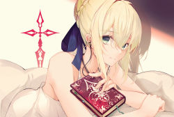 Rule 34 | 1girl, ahoge, artoria pendragon (all), artoria pendragon (fate), bad id, bad pixiv id, bare shoulders, blonde hair, blue ribbon, blush, book, braid, braided bun, breasts, closed mouth, command spell, crown braid, dress, earphones, fate/stay night, fate (series), green eyes, hair bun, hair ribbon, holding, holding book, kooemong, long hair, looking at viewer, lying, on stomach, ribbon, saber (fate), sidelocks, smile, solo, under covers, white dress
