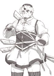 Rule 34 | 1boy, akiha gongen (housamo), bandaid, bandaid on face, bandaid on nose, bara, beret, bow, bowtie, cosplay, facial hair, facial scar, feet out of frame, goatee, greyscale, gun, haishiba ame, hat, highres, holding, holding gun, holding weapon, looking at viewer, magical boy, mahou shoujo madoka magica, mahou shoujo madoka magica (anime), male focus, monochrome, multicolored hair, muscular, muscular male, one eye closed, pectorals, scar, scar across eye, scar on cheek, scar on face, short hair, sideburns, skirt, solo, thick eyebrows, thighhighs, thighs, tokyo houkago summoners, tomoe mami, tomoe mami (cosplay), two-tone hair, weapon