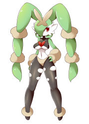 Rule 34 | 1girl, absurdres, animal ears, black pantyhose, black shirt, breasts, cleavage, cosplay, creatures (company), full body, fusion, game freak, gardevoir, gen 3 pokemon, gen 4 pokemon, green hair, hair over one eye, hand on own hip, highres, legs, lopunny, lopunny (cosplay), lucyfer, mega lopunny, mega pokemon, navel, nintendo, no humans, pale skin, panties, pantyhose, pokemon, pokemon (creature), rabbit ears, red eyes, shirt, short hair, simple background, sleeveless, sleeveless shirt, solo, thighs, torn clothes, torn pantyhose, underboob, underwear, white background, white panties