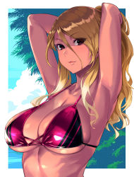 Rule 34 | 1girl, :3, armpits, arms behind head, arms up, bare arms, bikini, black eyes, blonde hair, blue sky, border, breasts, brown hair, cleavage, closed mouth, cloud, collarbone, commentary request, dark-skinned female, dark skin, day, eyes visible through hair, gradient hair, hair between eyes, halterneck, high ponytail, highres, idolmaster, idolmaster shiny colors, izumi mei, large breasts, long hair, looking at viewer, looking to the side, mikel (4hands), multicolored hair, outdoors, outside border, palm tree, pink bikini, ponytail, sidelocks, skindentation, sky, smile, solo, string bikini, striped bikini, striped clothes, swimsuit, tree, upper body, white border