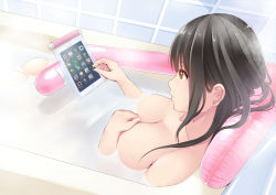 Rule 34 | 1girl, bath, bathroom, bathtub, black hair, brand name imitation, breast suppress, cellphone, creek (moon-sky), from above, hand on breast, long hair, original, partially submerged, phone, pillow, playing, product placement, smartphone, solo, steam, tablet pc, tile wall, tiles, touchscreen, water, yellow eyes