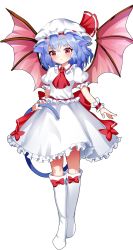 Rule 34 | 1girl, absurdres, animal ears, ascot, bad id, bad pixiv id, bat wings, blue hair, blush, boots, bow, breasts, cat ears, cat tail, chinese commentary, commentary request, dress, expressionless, frilled cuffs, frilled shirt collar, frills, full body, hat, hat ribbon, highres, holding tail, kemonomimi mode, knee boots, looking down, medium hair, mitaojiu (wumiaoxiao mengjiu), mob cap, puffy short sleeves, puffy sleeves, red ascot, red bow, red eyes, red ribbon, remilia scarlet, ribbon, short sleeves, simple background, small breasts, solo, standing, tail, touhou, wavy hair, white background, white dress, white footwear, wings