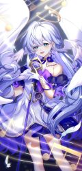 Rule 34 | 1girl, aqua eyes, bare shoulders, chieezuik, dress, earrings, facial mark, falling feathers, feathers, floating hair, gloves, hair between eyes, halo, head wings, highres, holding, holding staff, honkai: star rail, honkai (series), jewelry, long hair, looking at viewer, musical note, open mouth, purple dress, robin (honkai: star rail), smile, solo, staff, standing, teeth, two-tone dress, upper teeth only, white dress, white gloves, wings