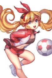 Rule 34 | 1girl, :d, angshung, ball, bandaged leg, bandages, blue eyes, bow, rabbit hair ornament, hair bow, hair ornament, hands in pockets, highres, jacket, lina (soccer spirits), navel, official art, open mouth, red bow, shirt, shoes, smile, sneakers, soccer ball, soccer spirits, socks, solo, sports bra, t-shirt, track jacket, transparent background, twintails, white footwear, white socks