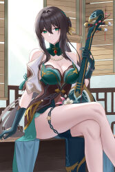 Rule 34 | 1girl, absurdres, bare legs, bare shoulders, bead bracelet, beads, black hair, blue gloves, bracelet, chinese clothes, clothing cutout, commentary request, covered navel, crossed legs, dress, feet out of frame, frozen-sad, gloves, green eyes, highres, holding, holding instrument, honkai: star rail, honkai (series), instrument, jewelry, long hair, looking at viewer, parted lips, ruan mei (honkai: star rail), shoulder cutout, sitting, smile, solo, thigh strap, thighs, very long hair