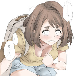 Rule 34 | 1girl, accidental pervert, backpack, bag, bent over, boku no hero academia, breasts, brown hair, casual, cleavage, covering privates, covering breasts, denim, denim shorts, downblouse, elf (stroll in the woods), embarrassed, hanging breasts, light blush, looking at viewer, medium breasts, open mouth, shirt, short eyebrows, short hair, shorts, simple background, solo, teeth, thick eyebrows, translation request, uraraka ochako, white background, yellow shirt