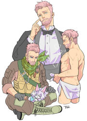 Rule 34 | 1boy, animal, animal on lap, arm hair, ass, beard, black bow, blue eyes, blush, boots, bow, bowtie, brown pants, chest hair, cummerbund, dog, facial hair, fate/grand order, fate (series), formal, gloves, hair slicked back, jacket, crossed legs, long sleeves, male focus, multiple views, mustache, naked towel, neckerchief, on lap, pants, partially fingerless gloves, pink hair, simple background, suit, takku (takk25), towel, vest, white background, william tell (fate)