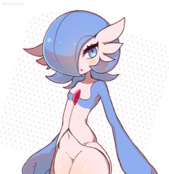 Rule 34 | 1girl, aliceyawnin, alternate color, alternate eye color, artist name, blue eyes, blue hair, blue skin, blush, bob cut, chromatic aberration, collarbone, colored skin, creatures (company), female focus, flat chest, game freak, gardevoir, gen 3 pokemon, groin, hair over one eye, highres, looking at viewer, matching hair/eyes, multicolored skin, navel, nintendo, no pussy, open mouth, outline, pink outline, pokemon, pokemon (creature), shiny pokemon, shiny skin, short hair, simple background, solo, stomach, twitter username, two-tone skin, watermark, white background, white skin