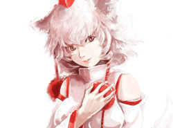Rule 34 | 1girl, animal ears, detached sleeves, face, female focus, grey eyes, hand over heart, hat, inubashiri momiji, lips, ma nyan (nyao mao nyao), messy hair, pom pom (clothes), short hair, smile, solo, tail, tokin hat, touhou, white hair, wolf ears, wolf tail