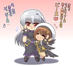 Rule 34 | 2girls, armor, blush, blush stickers, breasts, brown hair, chibi, closed eyes, fingerless gloves, gloves, gradient background, hair ribbon, happy, hat, heart, kano-0724, large breasts, long hair, lyrical nanoha, multiple girls, open mouth, red eyes, reinforce, ribbon, short hair, silver hair, skirt, smile, sweat, translation request, v, waist cape, wings, yagami hayate