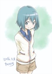 1girl, 2016, alternate costume, arms behind back, beige sweater, blue eyes, blue hair, blue shirt, brown shorts, buttons, casual, closed mouth, collared shirt, commentary request, cowboy shot, dated, dot nose, flat chest, gradient, gradient background, green background, hair between eyes, happy, legs together, light blue background, light blush, looking at viewer, looking up, mahou shoujo madoka magica, miki sayaka, partially unbuttoned, shiny, shiny hair, shirt, shirt under sweater, short hair, shorts, signature, simple background, smile, solo, striped, striped sweater, sweater, taniguchi jun&#039;ichirou, white background