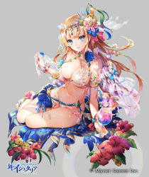 Rule 34 | &gt; &lt;, 3girls, :3, age of ishtaria, anklet, armlet, barefoot, bikini, blonde hair, blue eyes, blue hair, breasts, chibi, cleavage, commentary request, company name, copyright name, copyright notice, cup, drink, drinking glass, drinking straw, flower, flower anklet, full body, gradient hair, green hair, grey background, hair flower, hair ornament, halterneck, headpiece, hibiscus, highres, holding, holding cup, jewelry, long hair, looking at viewer, medium breasts, multicolored hair, multiple girls, navel, nemusuke, official art, one side up, purple hair, rose, see-through, shawl, simple background, sitting, smile, solo focus, swimsuit, white bikini, wrist cuffs, yokozuwari