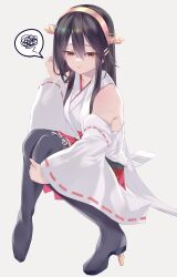 Rule 34 | 001machi, 1girl, absurdres, bare shoulders, black footwear, black hair, boots, brown eyes, detached sleeves, full body, hair between eyes, hair ornament, hairclip, hakama, hakama short skirt, hakama skirt, haruna (kancolle), haruna kai ni (kancolle), headgear, highres, japanese clothes, kantai collection, long hair, nontraditional miko, pleated skirt, pout, red hakama, red skirt, simple background, sitting, skirt, solo, spoken squiggle, squiggle, thigh boots, white background