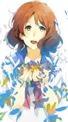 Rule 34 | 1girl, blue sailor collar, blush, brown eyes, brown hair, cupping hands, faux traditional media, hands up, hibike! euphonium, highres, holding, kataru (ubw-emiya), kitauji high school uniform, looking at viewer, neckerchief, open mouth, oumae kumiko, own hands together, painting (medium), petals, pink neckerchief, sailor collar, school uniform, serafuku, shirt, short hair, short sleeves, smile, solo, traditional media, watercolor (medium), white background, white shirt