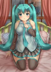 Rule 34 | 1girl, akisa kino, aqua eyes, aqua hair, aqua necktie, black skirt, breasts, commentary request, curtains, detached sleeves, full body, grey shirt, hatsune miku, indoors, long hair, looking at viewer, medium breasts, necktie, number tattoo, on bed, open mouth, pillow, seiza, shirt, shoulder tattoo, sitting, skirt, solo, star (symbol), tattoo, twintails, very long hair, vocaloid