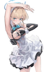 Rule 34 | 1girl, arm up, armpits, bandaid, bandaid on face, blonde hair, blue archive, blue eyes, breasts, breasts out, closed mouth, collarbone, covering privates, covering breasts, cowboy shot, double v, dress, elbow gloves, fingerless gloves, gloves, halo, highres, maid, maid headdress, medium breasts, pouch, ruochongsang, simple background, single elbow glove, sketch, solo, toki (blue archive), v, white background