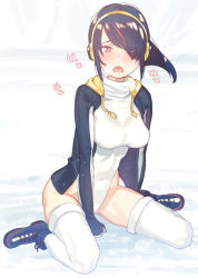 Rule 34 | 10s, 1girl, black footwear, black hair, boots, brown eyes, covered navel, emperor penguin (kemono friends), hair over one eye, headphones, heavy breathing, highleg, highleg leotard, hood, hoodie, jacket, kemono friends, leotard, long hair, looking at viewer, multicolored hair, open clothes, open mouth, sitting, solo, subachi, thighhighs, wariza, white leotard, white thighhighs