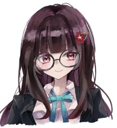 Rule 34 | 1girl, ame 00531, black jacket, blazer, blue ribbon, blunt bangs, blush, brown hair, closed mouth, collared shirt, commentary request, cropped torso, glasses, hair ornament, hairclip, honkai: star rail, honkai (series), jacket, long hair, looking at viewer, neck ribbon, open clothes, open jacket, pink eyes, ribbon, round eyewear, shirt, simple background, smile, solo, sparkle (honkai: star rail), straight-on, straight hair, white background, white shirt