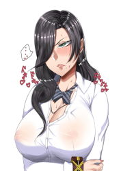Rule 34 | 1girl, amamiya tsubaki, bad id, bad pixiv id, black hair, blush, bow, breasts, cleavage, closed mouth, collared shirt, commentary request, covered erect nipples, crossed arms, dress shirt, earrings, god eater, green eyes, hair over one eye, jewelry, large breasts, lips, long hair, loose neckwear, mole, mole under mouth, murabito sono2, nail polish, necklace, nipples, pink lips, see-through, shirt, striped, striped bow, sweatdrop, translation request, unbuttoned, white shirt