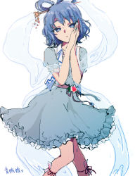 Rule 34 | 1girl, aqua dress, belt, blue eyes, blue hair, bright pupils, closed mouth, collarbone, commentary, dress, expressionless, feet out of frame, flower, frills, hagoromo, hair ornament, hair rings, hair stick, hands on own face, kaku seiga, knees together feet apart, leg ribbon, looking at viewer, mironomeo, ofuda, own hands together, puffy short sleeves, puffy sleeves, ribbon, shawl, short hair, short sleeves, signature, simple background, solo, touhou, vest, wavy hair, white background, white vest