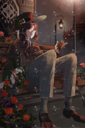 Rule 34 | 1boy, absurdres, angel, bench, bleeding, blood, brown eyes, brown footwear, brown hair, building, chinese commentary, church, commentary request, dark, flower, grey pants, highres, holding, holding flower, klein moretti, lamppost, looking at viewer, lord of the mysteries, merlin hermes, night, night sky, pants, red headwear, rose, scarf, shadow, side ponytail, sitting, sky, solo, watermark, yigeguanzimeiyouliang