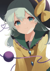 Rule 34 | 1girl, black hat, blouse, blush, bow, breasts, buttons, closed mouth, collarbone, collared shirt, commentary request, crystal, eyes visible through hair, frills, green eyes, green hair, green skirt, hair between eyes, hat, hat bow, heart, heart of string, highres, jewelry, kamachi (kamati0maru), komeiji koishi, long sleeves, looking at viewer, medium breasts, medium hair, shirt, simple background, skirt, smile, solo, standing, third eye, touhou, white background, wide sleeves, yellow bow, yellow shirt