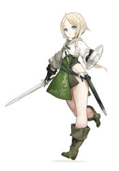 Rule 34 | 1girl, blonde hair, blue eyes, boots, buckler, elf, fantasy, gloves, highres, holding, holding sword, holding weapon, km yama, knife, long hair, looking at viewer, low ponytail, original, pointy ears, shield, smile, solo, sword, unsheathed, weapon