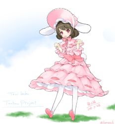 Rule 34 | 1girl, alternate costume, animal ears, artist name, black hair, bonnet, bow, character name, clenched hands, cloud, cloudy sky, copyright name, dated, dress, embellished costume, inaba tewi, lolita fashion, pantyhose, pink bow, pink dress, pink footwear, rabbit ears, rabbit girl, rabbit tail, red eyes, shoes, short hair, shou moeboshi, sky, smile, solo, sweet lolita, tail, touhou, twitter username, white pantyhose