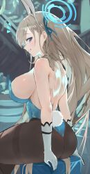 Rule 34 | 1girl, absurdres, animal ears, aqua leotard, asuna (blue archive), asuna (bunny) (blue archive), black pantyhose, blue archive, blush, breasts, dx (xxer4838), fake animal ears, fake tail, gloves, grin, highres, large breasts, leotard, light brown hair, long hair, looking at viewer, official alternate costume, pantyhose, playboy bunny, profile, rabbit ears, rabbit tail, sideboob, sideways glance, sitting, smile, solo, tail, thick thighs, thighs, very long hair, white gloves