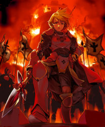 Rule 34 | 1girl, armor, battleline, blonde hair, faulds, fire, from below, hand on own hip, official art, pauldrons, polearm, red theme, sanada-x, shoulder armor, smoke, solo focus, spear, standing, swept bangs, weapon