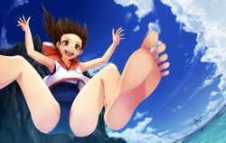 Rule 34 | 10s, 1girl, :d, aircraft, airplane, bad id, bad pixiv id, bare legs, barefoot, brown eyes, brown hair, clothes writing, cloud, day, feet, foot focus, i-401 (kancolle), kantai collection, ocean, one-piece swimsuit, open mouth, ponytail, school swimsuit, short hair, sky, smile, soles, solo, suohachi, swimsuit, swimsuit under clothes, toes