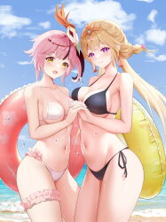 Rule 34 | 2girls, absurdres, alternate costume, bare arms, bare shoulders, beach, bikini, bird mask, black bikini, blonde hair, breasts, bridal garter, cleavage, closed mouth, commentary request, cowboy shot, day, feise (tower of fantasy), frilled bikini, frills, green eyes, halterneck, highres, holding hands, innertube, lan (tower of fantasy), large breasts, long hair, looking at viewer, mask, mask on head, medium breasts, multicolored hair, multiple girls, navel, open mouth, outdoors, pink hair, purple eyes, side-tie bikini bottom, side ponytail, skindentation, smile, standing, stomach, streaked hair, string bikini, swim ring, swimsuit, tiara, tower of fantasy, twintails, wet, white bikini, xiatian