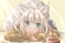 Rule 34 | 1girl, :3, absurdres, ahoge, animal ear fluff, animal ears, aqua eyes, artist name, blurry, blurry background, blurry foreground, brown cardigan, cardigan, coffee mug, commentary request, cup, facing viewer, fox ears, fox girl, fox tail, head rest, head tilt, highres, kotatsune, light rays, long sleeves, looking away, looking to the side, lying, medium hair, mug, on stomach, original, own hands together, solo, sunbeam, sunlight, tail, white hair, yellow background