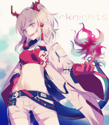Rule 34 | 1girl, :d, arknights, bandeau, bead bracelet, beads, bracelet, breasts, character name, coat, commentary request, copyright name, cowboy shot, grey background, half updo, hand on own hip, head tilt, highres, horns, idass (idass16), jewelry, long sleeves, medium breasts, midriff, multicolored hair, navel, nian (arknights), open clothes, open coat, open mouth, partial commentary, pointy ears, purple eyes, red hair, short hair, short shorts, shorts, silver hair, smile, solo, standing, stomach, strapless, streaked hair, tail, tube top, white coat, white shorts, wide sleeves