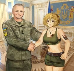 Rule 34 | 1girl, arm tattoo, azov battalion, blonde hair, blush, breasts, brown eyes, camouflage, chest tattoo, coat of arms, cross, digital camouflage, fang, green shorts, green sports bra, green tank top, handshake, highres, jewelry, large breasts, latin cross, long sleeves, looking at viewer, marichka, medium hair, meme, navel, necklace, original, patch, politics, real life, russo-ukrainian war, shorts, shoulder patch, skin fang, sports bra, tank top, tattoo, the office, translated, tryzub, ukrainian flag, ukrainian text, usergore, young michael scott shaking ed truck&#039;s hand (meme)