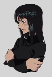 Rule 34 | 1girl, black hair, black shirt, black theme, blue eyes, blunt bangs, bruise, bruise on face, cropped, cropped torso, crossed arms, from side, frown, furrowed brow, hands up, highres, injury, inu draw, long sleeves, medium hair, nico robin, nose, one piece, parted lips, profile, self hug, shirt, simple background, solo, straight hair, upper body