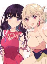 Rule 34 | 2girls, :d, bare shoulders, black bow, black hair, blonde hair, blush, bow, breasts, cleavage, closed mouth, collarbone, commentary request, cowboy shot, dress, earrings, hand up, highres, inoue takina, jewelry, large breasts, light particles, long hair, looking at viewer, low twintails, lycoris recoil, medium breasts, multiple girls, nishikigi chisato, off-shoulder dress, off shoulder, one side up, open mouth, purple eyes, red dress, red eyes, sango (sango3 3), short hair, simple background, smile, twintails, white background, yellow dress